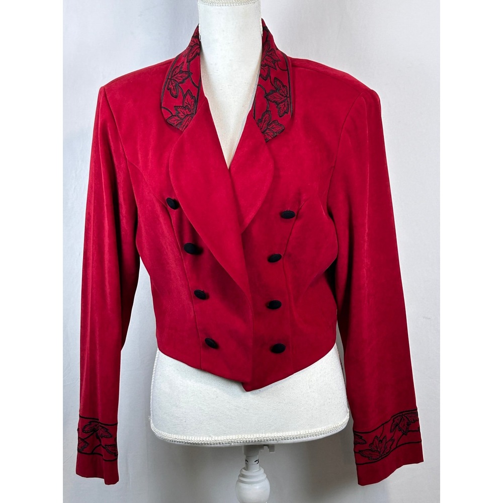 Worthington Blazer Womens 12 Red Excellent Embroidered Leaf Cropped Faux Suede